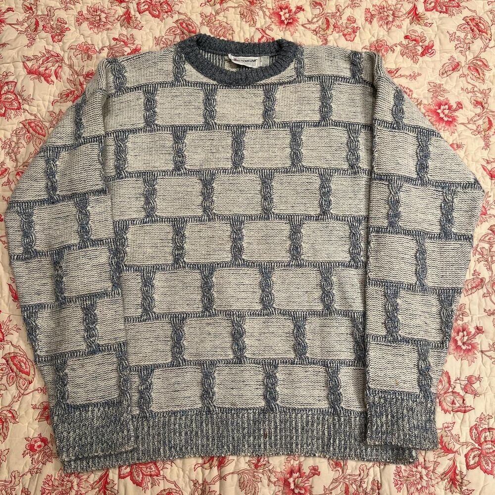 Vintage 90s Directions Made in USA White and Blue mixed knit grandpa sweater